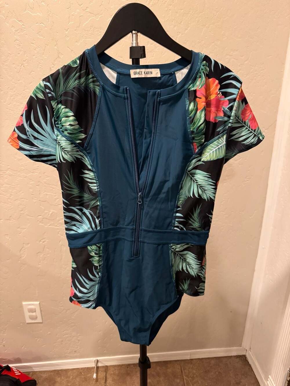 Grace Karin Women's Short Sleeve ZipFront Tropical Leaf Print One-Piece Swimsuit